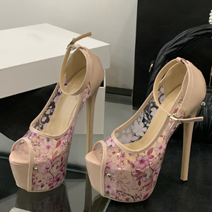 Zapatos de tacón alto y fino con plataforma gruesa y punta abierta para mujer, sandalias de fiesta sexys con hebillas en el tobillo, estilo floral de PVC para bailarinas de club - Product Image 6