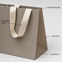 Sacs shopping en papier taupe personnalisés avec poignées en ruban, sacs cadeaux en satin laminé à fond automatique, vente en gros, OEM, marque privée, usine
