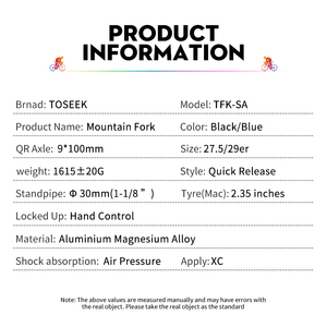 Велосипедная амортизационная вилка TOSEEK <span class=keywords><strong>MTB</strong></span> с воздушной подвеской, 27.5/29 дюймов, 9*100 мм, быстросъемная, с блокировкой на короне, дисковым тормозом и регулировкой отскока, для трейл-байков - Product Image 2