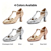 Chaussures de danse latine personnalisées à paillettes argentées pour femmes, à bout fermé, à bride en T, talons hauts, semelle en daim souple, pour la pratique de la salsa et de la danse de salon