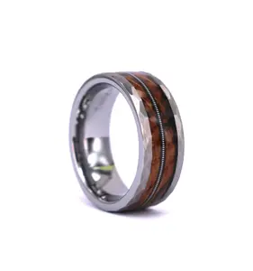 New Design Hammered Tungsten Ring with Barrel Wood and Guitar String, Wood Guitar String Ring Tungsten Wedding Band