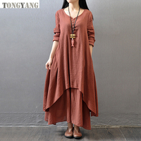 TONGYANG Robe Longue Femme Vintage en Coton et Lin, Boutonnage Simple, Ample et à Poches, Une Pièce, Décontractée, Grandes Tailles