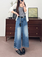 Nouveau jean ample taille haute pour femme, coupe large, en polyester/coton uni, avec poche arrière décorative à rabat, longueur mollet, lavable, collection printemps