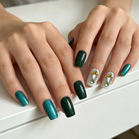 Faux ongles à presser en ABS vert foncé pailleté, forme carrée moyenne, avec décorations de luxe en strass et pierres précieuses, réutilisables, 24 pièces