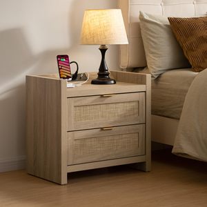 Type-C Charging Station Nightstands Set 2 Bedside <strong>Table</strong> 2 Drawers <strong>Storage</strong> Boho Light Oak <strong>End</strong> <strong>Table</strong> for Bedroom Office Rattan - Product Image 2