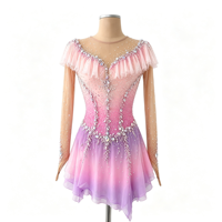 Robe de patinage artistique à col en V dégradé rose et violet, avec volants, dos profond en V, ornée de strass, pour filles et femmes
