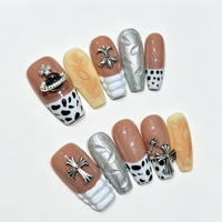 Ongles en forme de cercueil 3D, moyens, à bout français, motif vache, faits à la main, à presser, en ABS, 10 pièces, ensembles d'ongles en forme de cercueil 3D, moyens