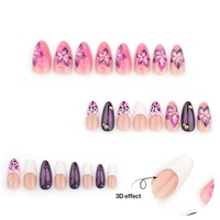 Bestseller – Ongles press-on 3D à motif floral, blancs à bords roses, imprimé léopard, courts, forme amande, pour manucure