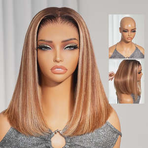 Perruque Bob pré-coupée en dentelle, ombrée marron chocolat avec mèches balayage, 13x6, sans colle, style Old Money, coupe courte ondulée - Product Image 5