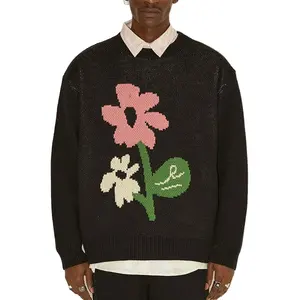 High Quality Custom Make Male Jacquard Sweater Fashion O Neck Print Flower Pullover Long Sleeve Winter Knitwear