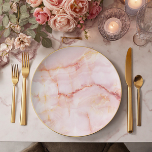 Juego de <span class=keywords><strong>vajilla</strong></span> de cerámica ecológica de lujo, platos de cena redondos con patrón de mármol blanco rosa, platos para alquilar - Product Image 5