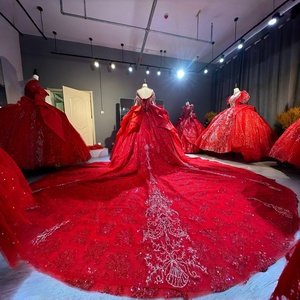 Wx75 Red Quinceanera Party Ball Gown 15 Year Old Dresses Vintage Chapel Train 100% Polyester for - Product Image 2