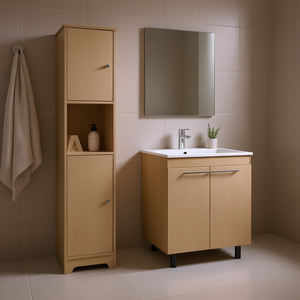 Ensemble de meuble-lavabo de salle de bain en chêne clair avec armoire à linge et meuble sous-vasque, design moderne sur pied, largeur 32-34 pouces - Product Image 2
