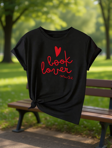 T-shirt Muse Book Lover da donna, nera, girocollo, manica corta, vestibilità ampia, dettaglio a cuore stampato, cotone, abbigliamento casual, tutte le stagioni - Product Image 2