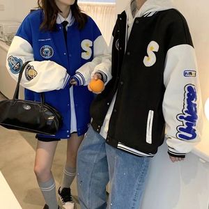 Nouvelle <span class=keywords><strong>veste</strong></span> de baseball en coton d'hiver avec broderie de lettres de marque et manches en cuir, pour couple, vestes en coton pour hommes - Product Image 4