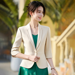 Women's Apricot Blazer Three Quarter Sleeve Solid Color Polyester Anti Wrinkle Professional Top - Product Image 1