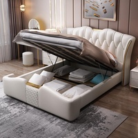 Luxuriöses Echtleder-Bett im Italienischen Stil, Weiches Bett aus Massivholz, 1,8m Doppelbett mit Stauraum, Hoher Bettkasten mit Seitenschubladen, Master-Bett