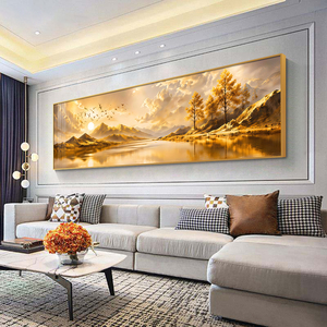 Grande Décoration Murale Paysage Montagne Lagon au Lever du Soleil Doré, Peinture sur Porcelaine Cristalline, Cadre en Alliage d'Aluminium, Art Mural pour Maison et Hôtel - Product Image 2