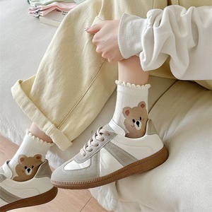 Chaussettes courtes pour femmes, motif animal, ours, coton, fibre de bambou, sans couture, décontractées, pour jeunes de 18 à 40 ans, blanc, rose, vert lait - Product Image 3