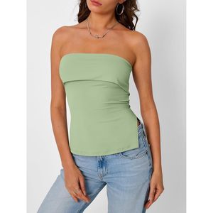 Women's Off Shoulder Tube <b>Top</b> Regular Fit Knitted Ruched Design Tank <b>Tops</b> - Product Image 2