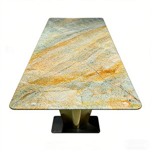 Table à manger en marbre de style minimaliste italien, texture dorée, pierre naturelle avec base en acier inoxydable, mobilier de vente en gros - Product Image 3