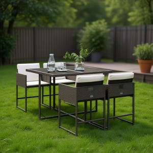 Set da Pranzo da Giardino Marrone per 4 Persone, Struttura in Metallo Resistente alle Intemperie, Arredamento da Esterno in Stile Contemporaneo - Product Image 2