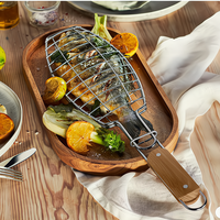 JB Spatule de barbecue en acier inoxydable, grille de cuisson portable, rôtissoire à poisson, barbecue avec manche en bois, grille pour intérieur et extérieur