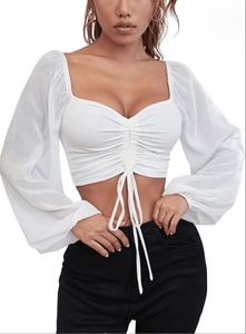 2023 femmes nouvelle grande taille épissé en mousseline de soie cordon lanterne manches serré haut tendance - Product Image 5