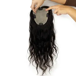 Atasan rambut manusia Virgin Brasil dasar kulit sutra untuk wanita dengan 4 klip dalam rambut palsu bergelombang hiasan rambut halus atasan kulit kepala asli