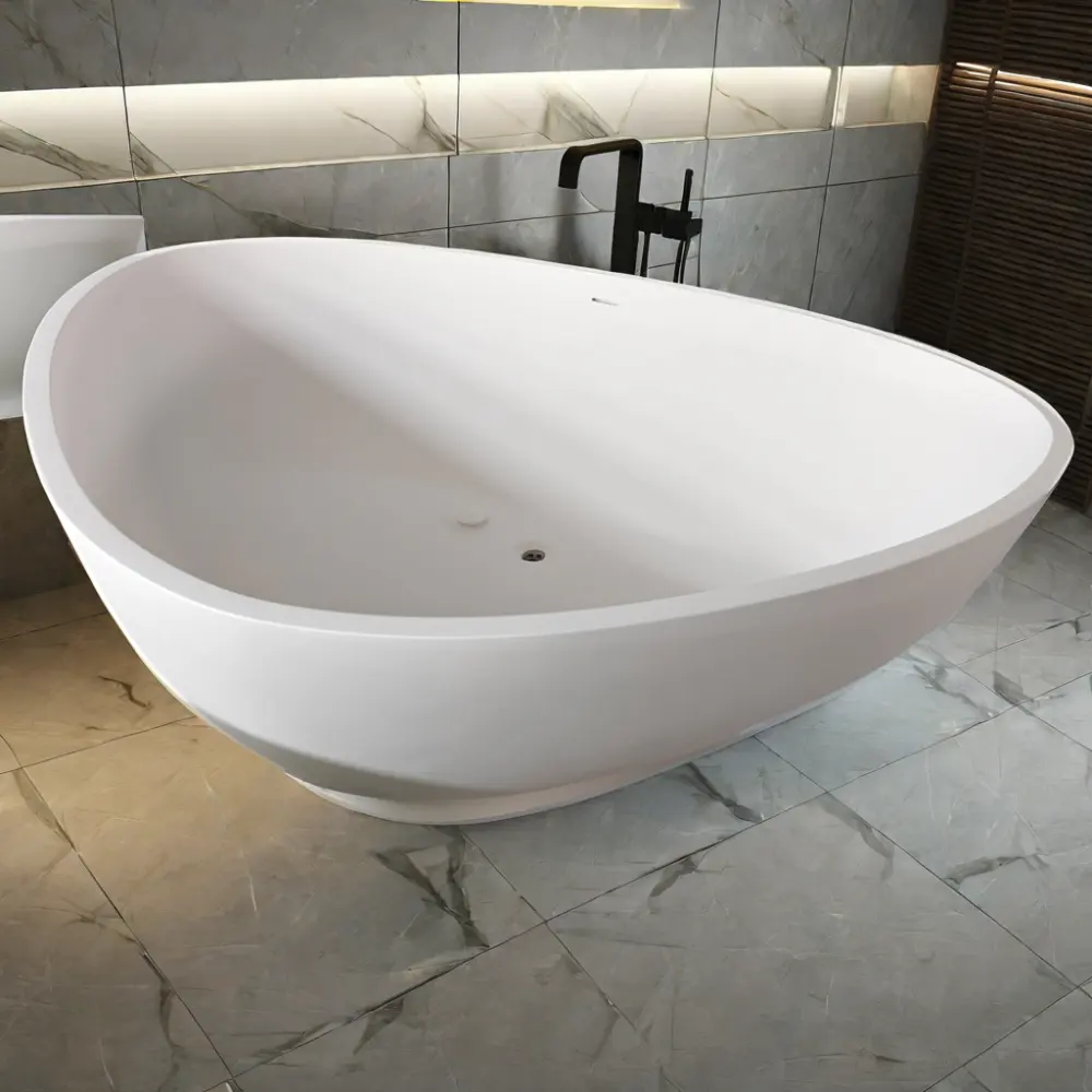 マットホワイト三角浴槽3面浴槽人工石自立型浴槽オーバーフロー付き固体表面浴槽