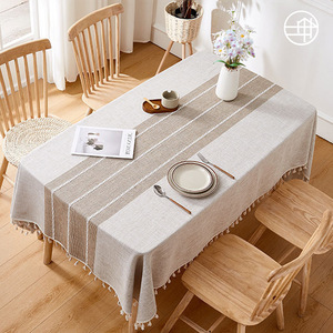 Modern Minimalist Rectangular <b>Tablecloth</b> Cotton <b>Linen</b> Blend Heat Resistant Stripe Pattern Home Dining Table Cover With Tassels - Product Image 1