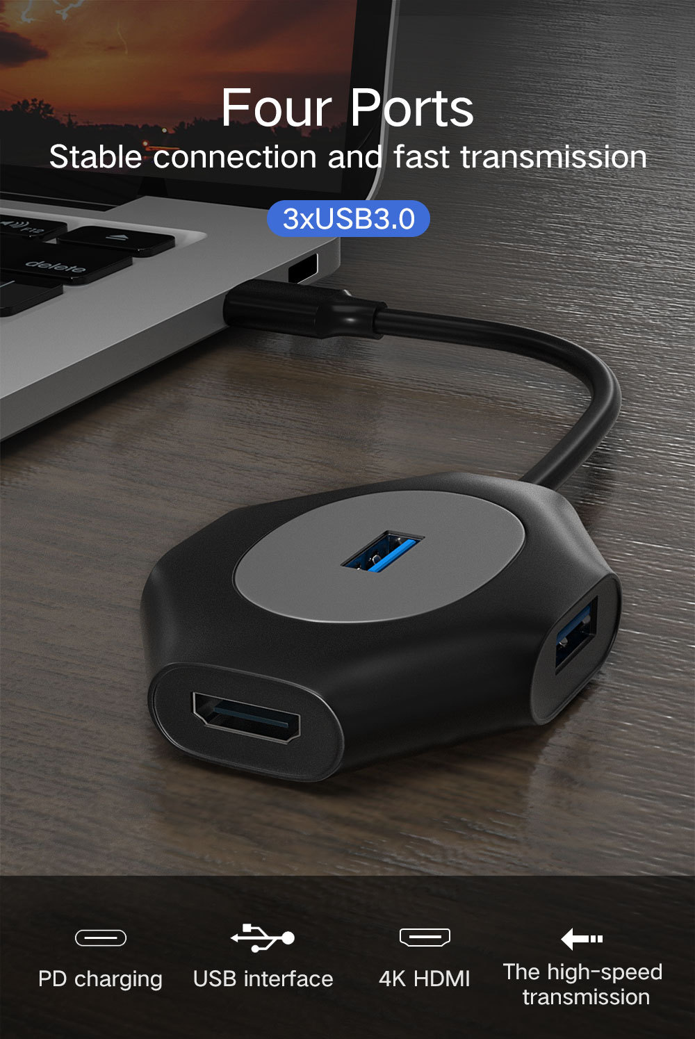 Koogold 4 en 1 Type C Hub avec USB 3.0*4 + Port Type c Station D'accueil pour IPhone/Macbook/Ordinateur Portable Comme