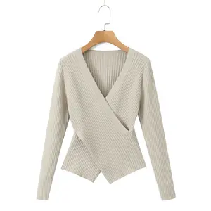 V-neck cross gentle ins style front shoulder knit sweater moisten its large women high-end feeling solid color knitted sweaters