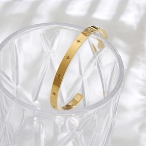 24k Stainless Steel Real Fashion <b>Gold</b> Plated Octagon Star Opening C-Shape Zircon <b>Bracelet</b> for Women - Product Image 4