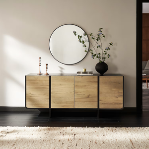 <span class=keywords><strong>Credenza</strong></span> Moderna in Rovere a Contrasto, Top e Base Neri, Quattro Ante in Legno Naturale per Soggiorno e Sala da Pranzo - Product Image 2