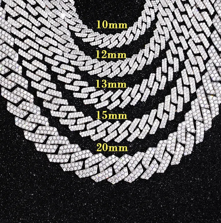 Hot Sale Mans Cuban Chain 2rows 13mm 15mm 20mm 925 Sterling Silver Moissanite Cuban Link Chain Hip Hop Necklace