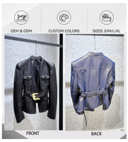 Veste en cuir de mouton véritable gaufré crocodile pour femme, avec ceinture à boucle dorée, poches à rabat, bleu noir, style motard court, automne hiver