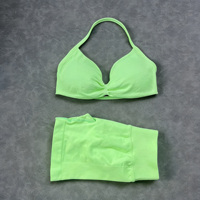 Set Bra dan Celana Pendek Olahraga DF Ultra-fine Matte Spandex/Nylon, Halter Neck Solid Penyerap Keringat Elastis Tinggi untuk Kebugaran Wanita