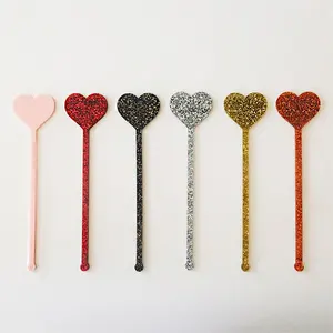 Custom Heart Shape Pink Acrylic Drink Stirrer Glitter Acrylic Cocktail Stirrer For Engagement