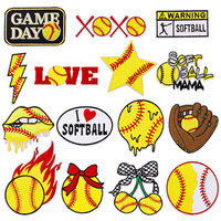 Patchs brodés en gros thermocollants personnalisés, motif ballon de softball, étiquette d'avertissement, applique brodée pour accessoires vestimentaires