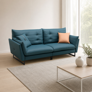 โซฟาหนังหุ้มเบาะพนักพิงแบบ Channel Tufted พร้อมที่วางแขนบุนวม ขาโลหะทรงเพรียวบาง สไตล์อิตาเลียนมินิมอล สำหรับห้องนั่งเล่น โรงแรม ห้องนอน - Product Image 1