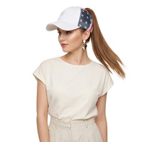Gorra de béisbol de nuevo estilo, lavada y desgastada, con bandera americana y estrella de cinco puntas, para mujer, con diseño curvo para cola de caballo alta, para comercio transfronterizo.