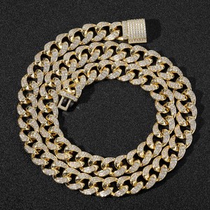 Dây chuyền nam chất lượng cao RQ, mặt đá CZ 12mm, chất liệu đồng thau dày, kiểu dáng Cuban Link, trang sức Hip Hop, mạ vàng <span class=keywords><strong>14k</strong></span> nguyên chất. - Product Image 2