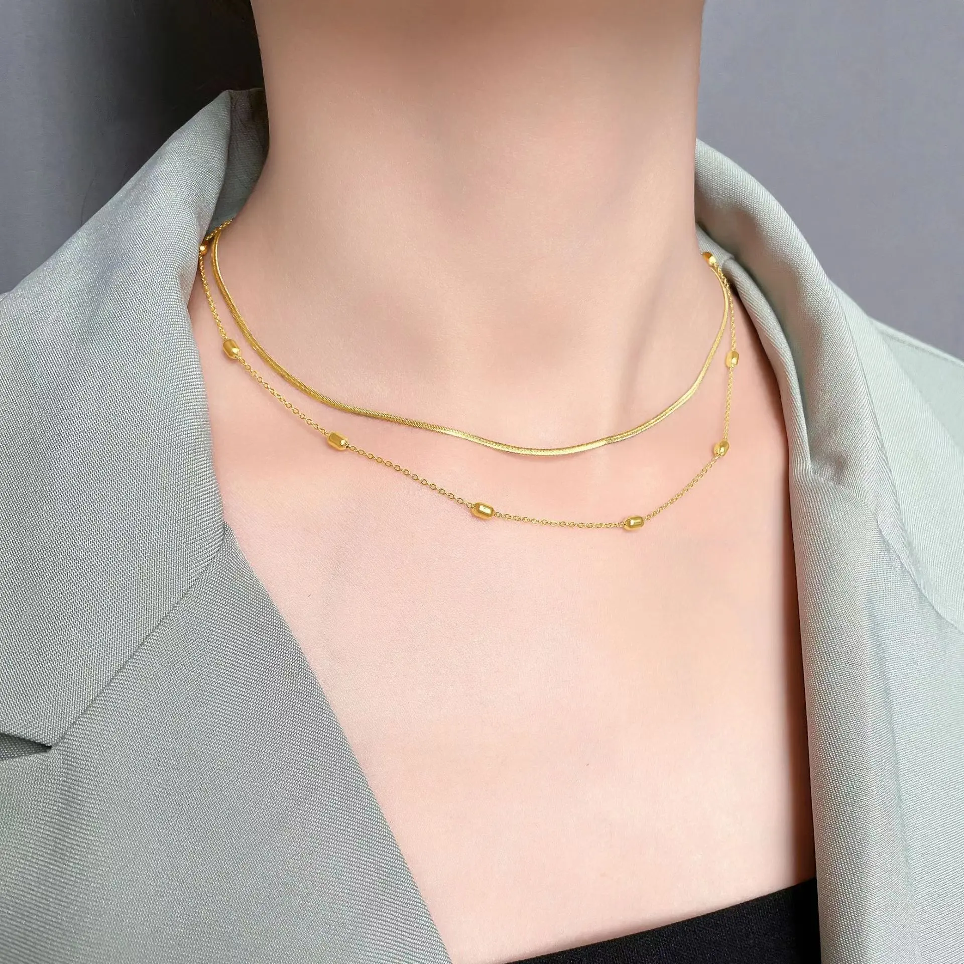 18K Gold Plated Stainless Steel Necklace Jewelry Type Flat Snake Chains Necklace For Girl