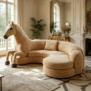 Canapé lounge incurvé en forme de cheval, revêtement en peluche beige, structure en fibre de verre pour villa de luxe - Product Image 2