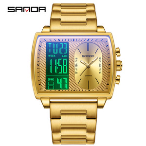 SANDA 6238 Bestseller, montre couple créative à grand cadran, montre-bracelet numérique à quartz multifonctionnelle, décontractée et professionnelle, à double affichage - Product Image 3