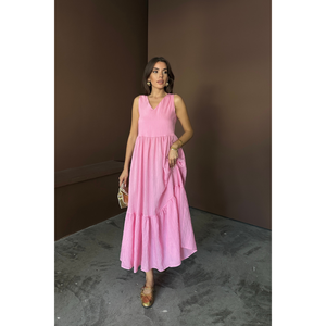 Vestido Maxi Rosa con Lazos en la Espalda y Volantes, Corte Holgado, Vestido de Invitada para Bodas - Product Image 2