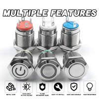 Interrupteur à bouton métallique IP65 électronique 12mm étanche 3V 6V 12V 24V 220V 1NO LED avec anneau lumineux en cuivre nickelé