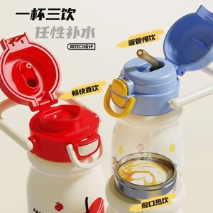 Double Wall Stainless Steel Insulated Child Cartoon Children's Double Drink Bounce Water <b>Bottle</b> Flask Straw Cup With Handle - Product Image 3