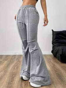 Women's Micro Flare Wide Leg Pants Summer Casual Drawstring Sweatpants with Front Seams Long <strong>Trousers</strong> - Product Image 3